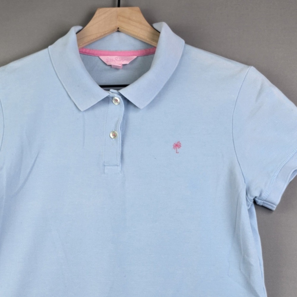 Lilly Pulitzer Polo Shirt Womens Large Blue Pink Palm Tree Logo Pima Cotton Golf